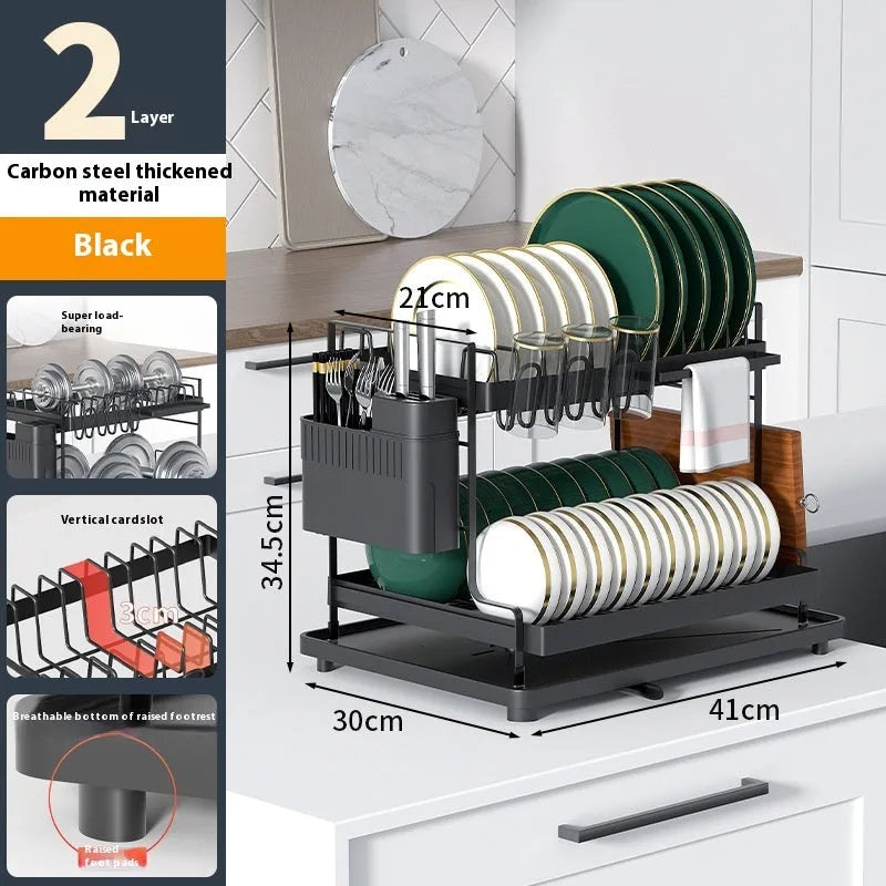White and black double-layer kitchen storage rack with removable draining section