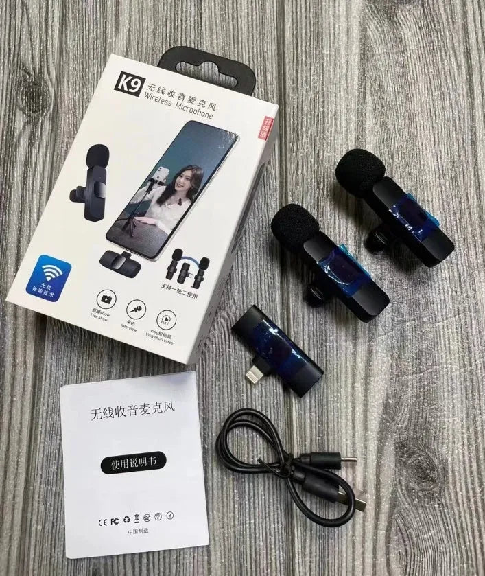 Wireless collar clip microphone for smartphones, showing clip design and available connection options.