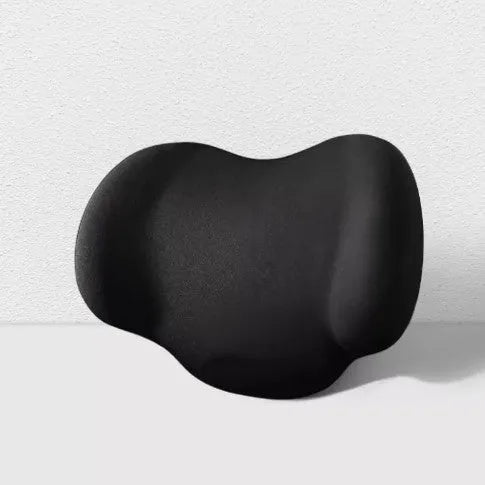 Black memory cotton car headrest cushion and lower back support cushion on a car seat.