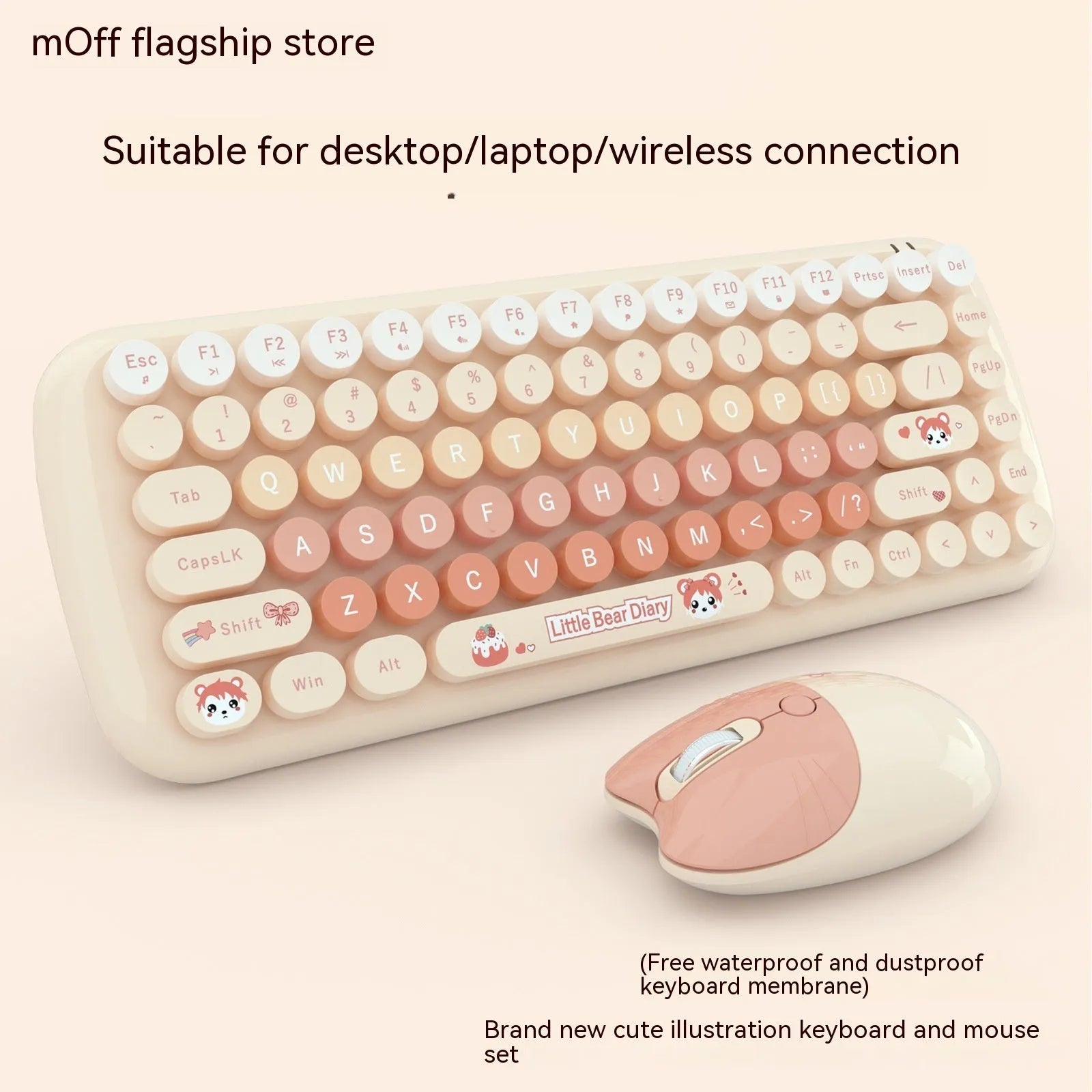 Pink mini wireless keyboard and mouse set with compact design and cartoon aesthetic