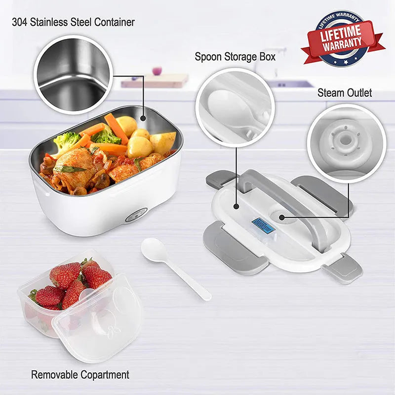 Grey plastic dual-power electric lunch box with stainless steel inner liner for car and home use.