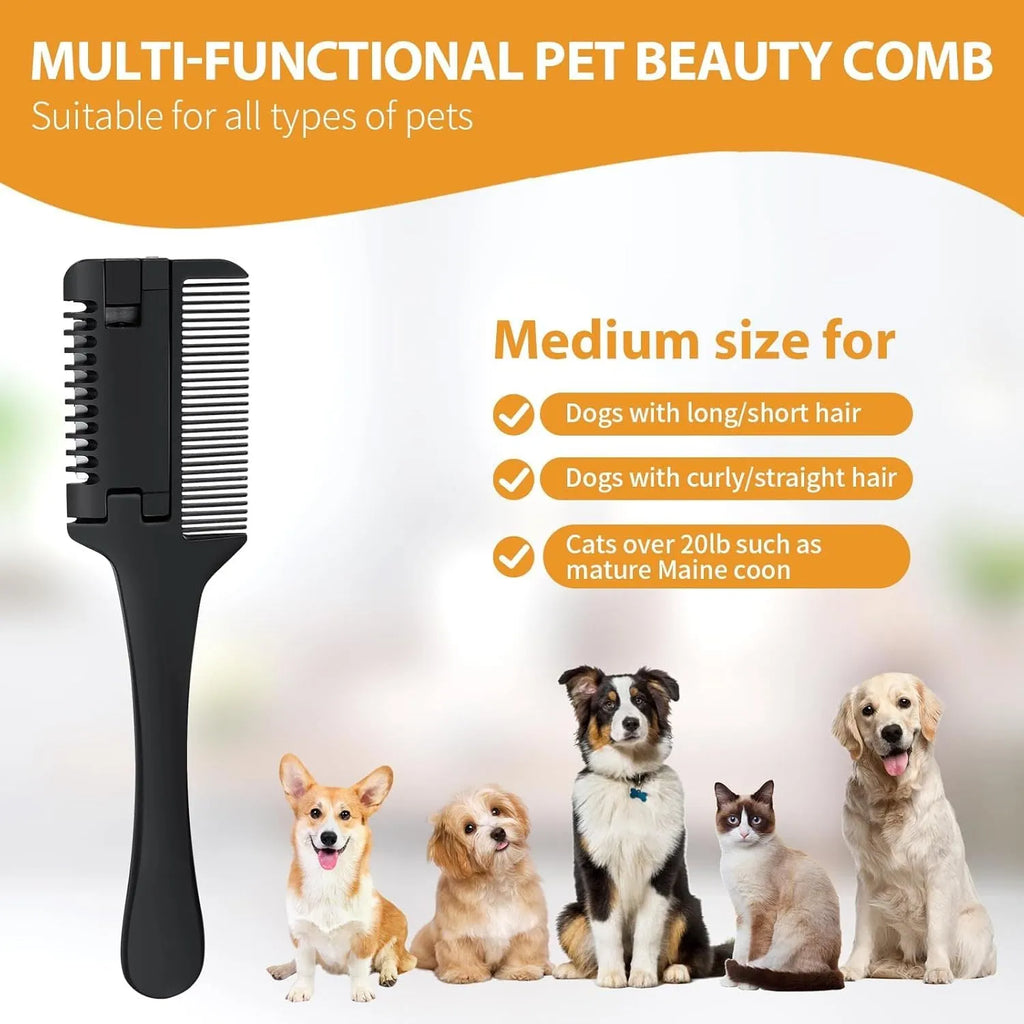 Dog cat razor comb grooming tool with comb teeth and razor blades for detangling and trimming pet hair