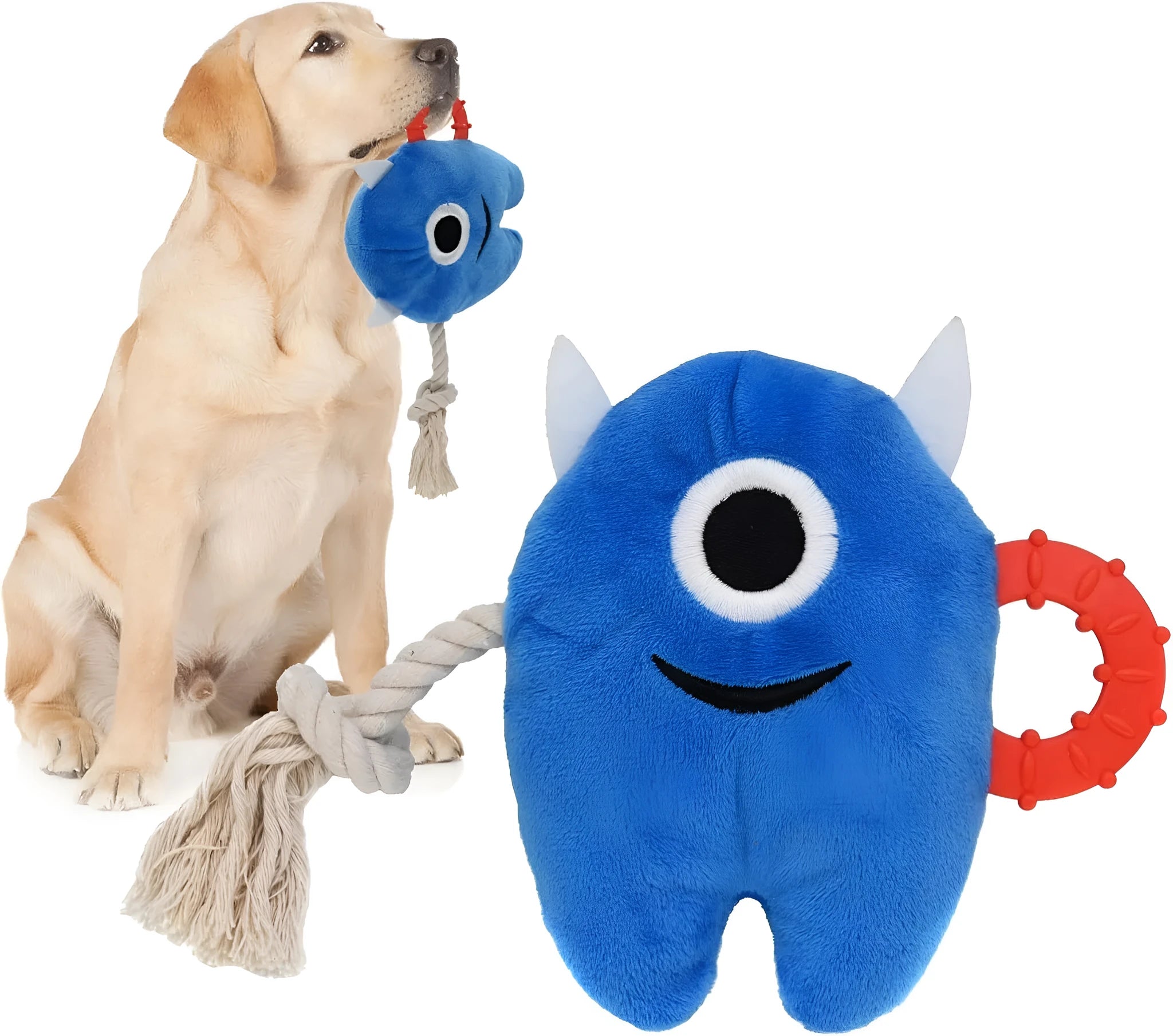 Blue and green plush monster dog toy with integrated cotton rope tug section