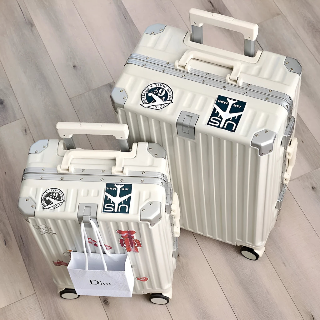 Aluminium frame trolley suitcase with USB port and universal wheels in avocado green colour.