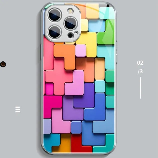 Silicone iPhone case with colourful geometric building block design in cartoon style