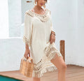 Women's apricot crocheted patchwork beach dress with half sleeves and mid-length skirt