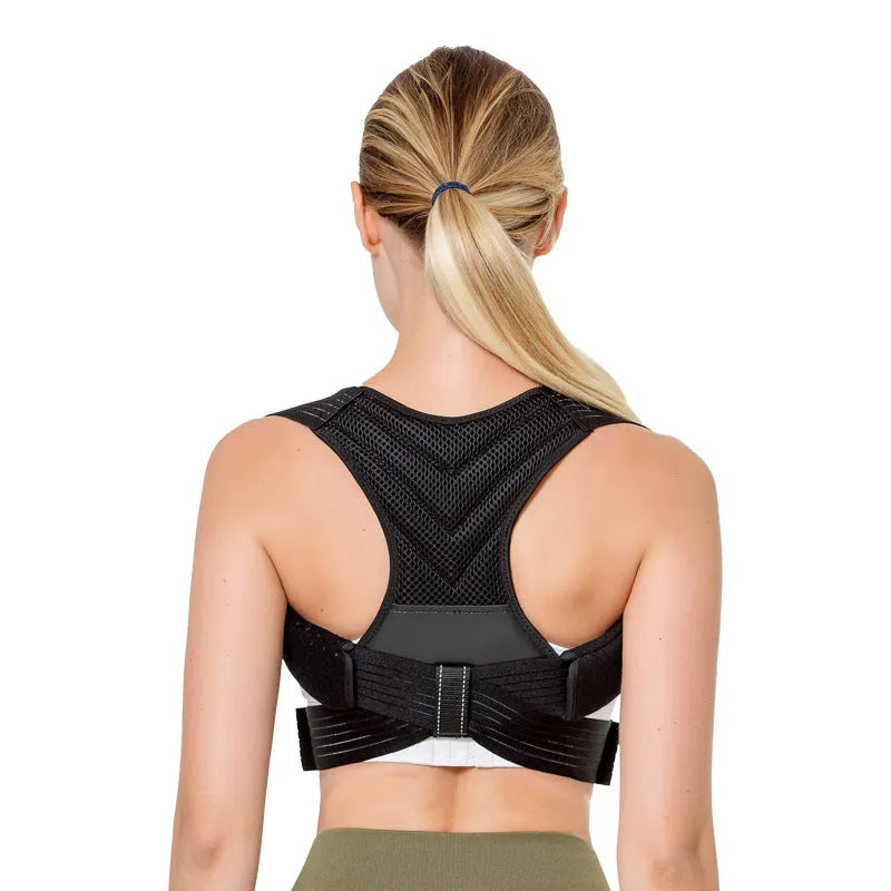 Black adjustable anti-humpback posture correction belt worn on torso