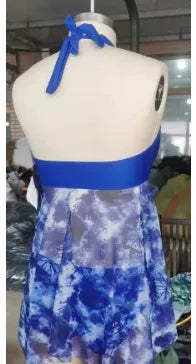 Blue women's bikini swimsuit with brief cut made from spandex fabric showing front view
