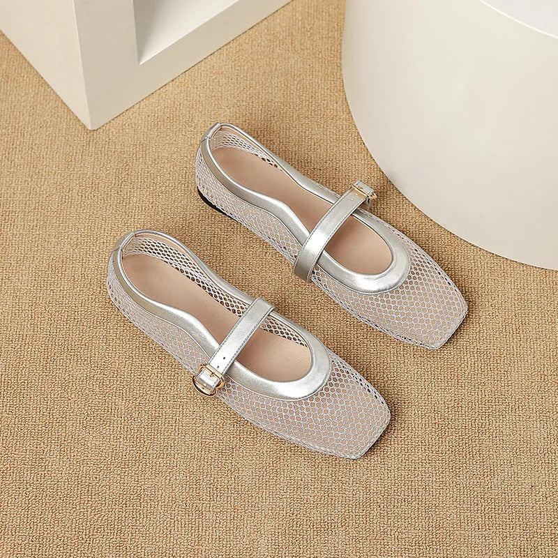 Women's beige mesh summer pumps with a square toe and silver buckle closure on a flat beef tendon sole.