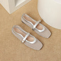 Women's beige mesh summer pumps with a square toe and silver buckle closure on a flat beef tendon sole.