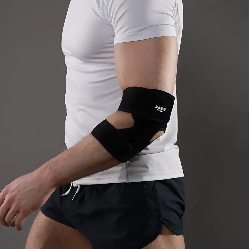 Black adjustable sports elbow guard for fitness training and outdoor activities like basketball and hiking.