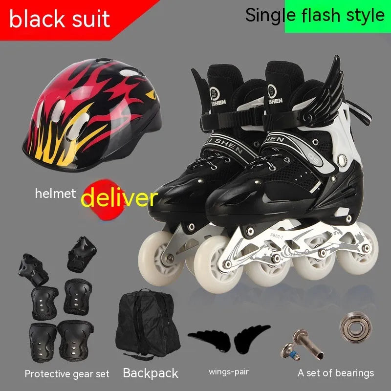 Children's roller skates with PU foam wheels in yellow, red, blue, black or pink, shown with protective helmet and pads.