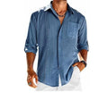 Men's grey long sleeve button-up shirt with lace detail on collar and a chest pocket.