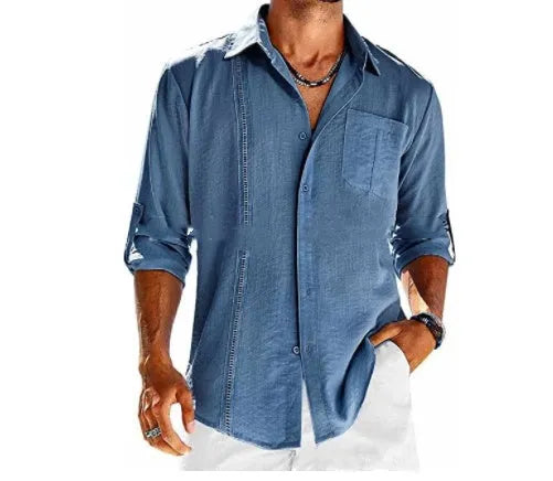 Men's grey long sleeve button-up shirt with lace detail on collar and a chest pocket.