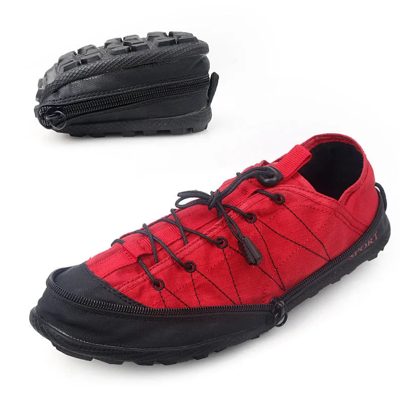 Orange folding outdoor shoes with mesh upper and side zipper closure