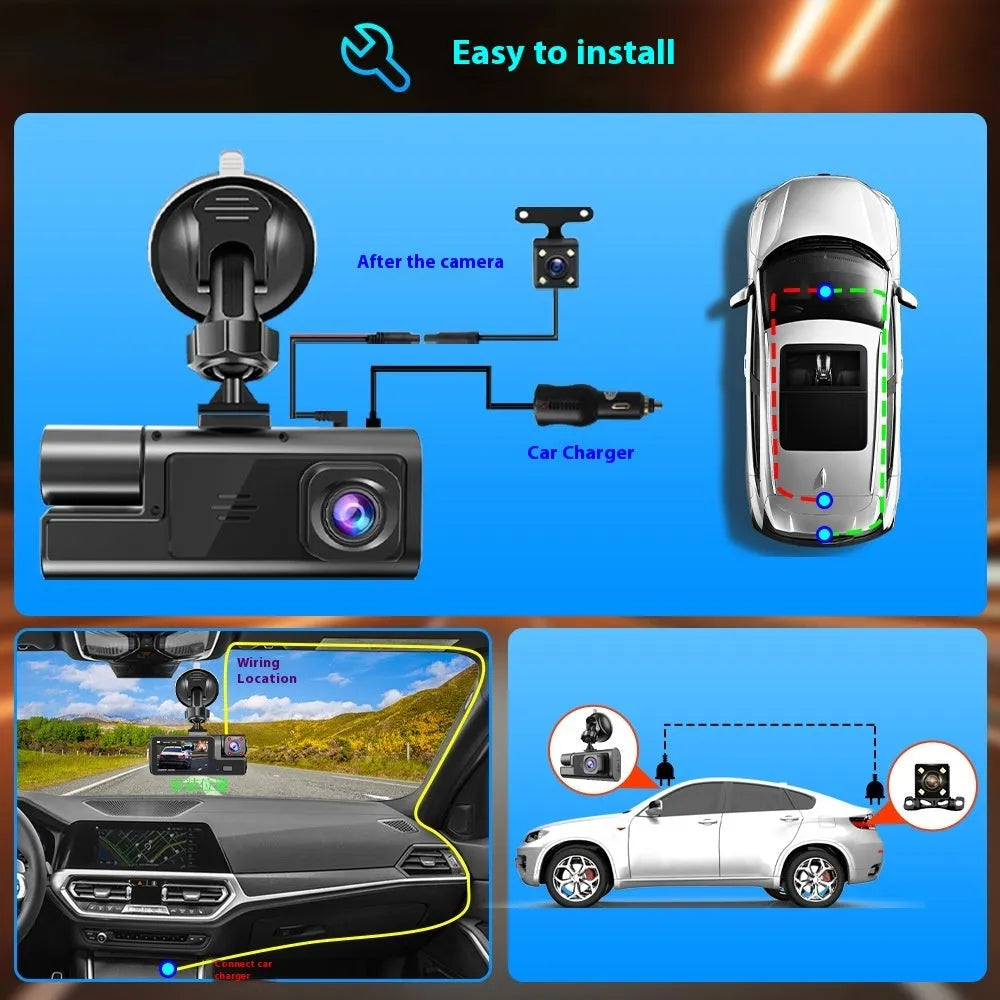 Wi-Fi enabled car dash cam with 2-inch screen on a windscreen, showing a rear-view reversing camera image.