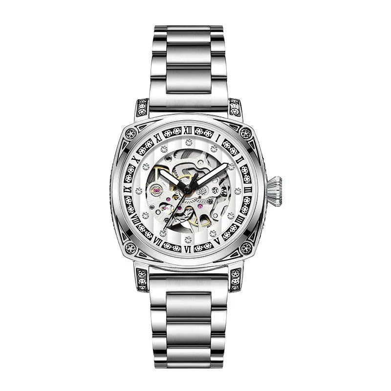Men's mechanical watch with luminous hands on a leather strap, showing black, red, steel, and white colour options.