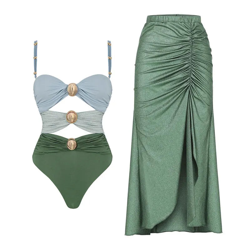 Women's high-waisted split bikini set with cover-up skirt in green or yellow colours