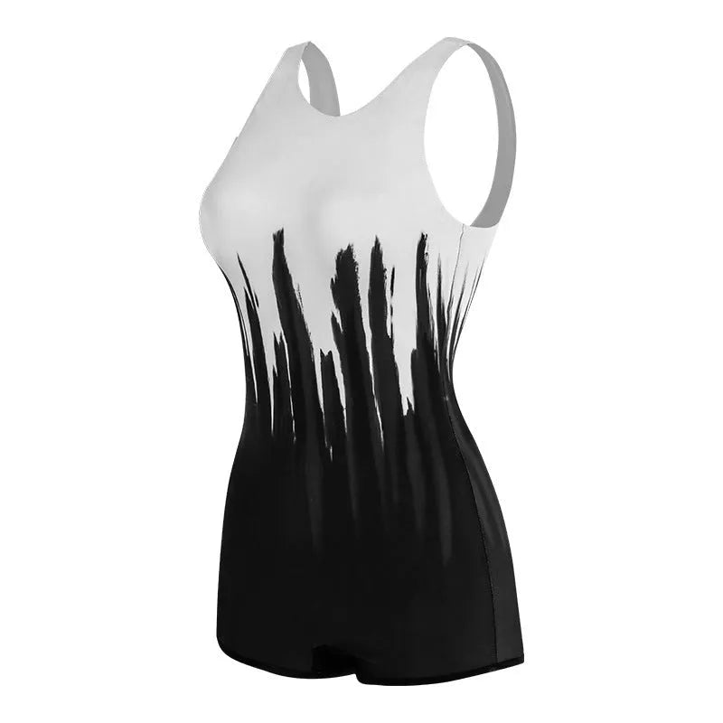 Black ladies conservative one-piece swimsuit with printing pattern, shown on a hanger.