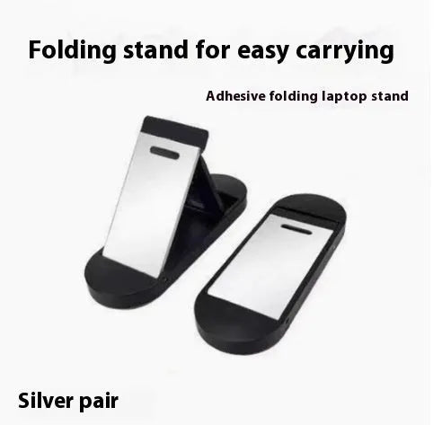 Small silver aluminium foldable computer bracket with 3M adhesive strips for laptop mounting