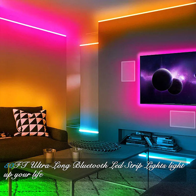 LED 5050 RGB light strip with 44-key Bluetooth remote controller and power adapter on a white background.