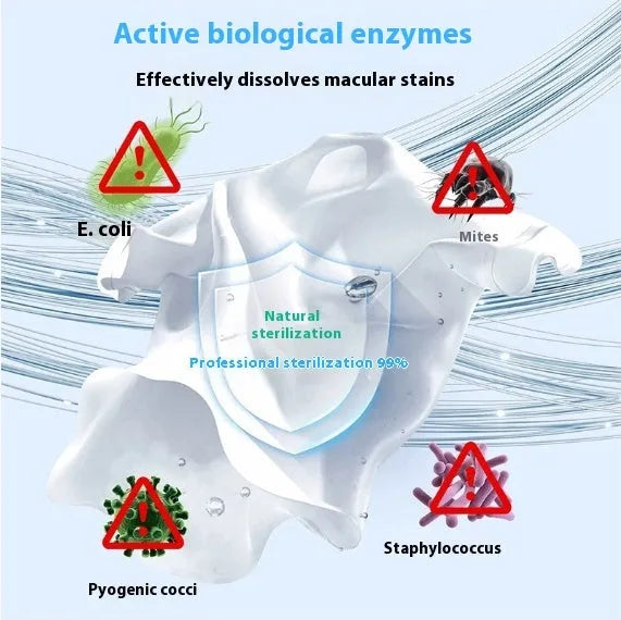 Bottle of biological enzyme bubble powder laundry detergent for stain removal on down jackets and wool.
