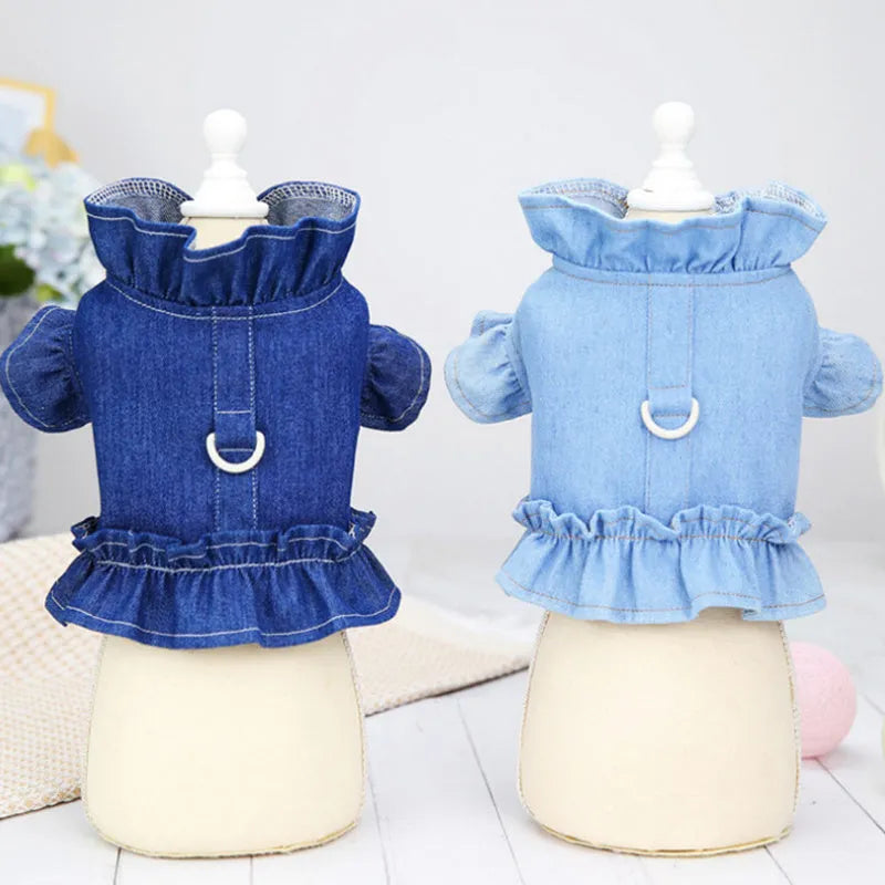 Blue denim dog dress vest with ruffles design and leash hooks on chest and back