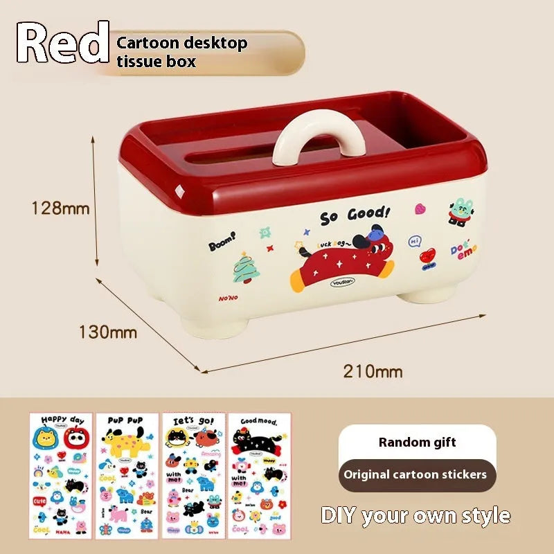 Red and brown cartoon-style plastic desktop storage organiser with grid compartments.