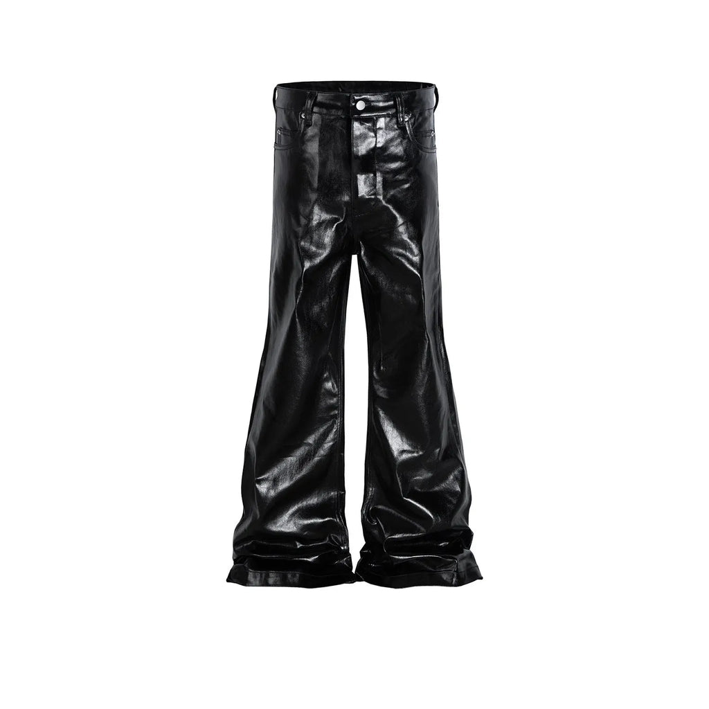 A pair of black skinny jeans with a high-shine patent leather finish and straight leg cut.