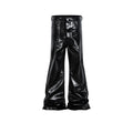 A pair of black skinny jeans with a high-shine patent leather finish and straight leg cut.