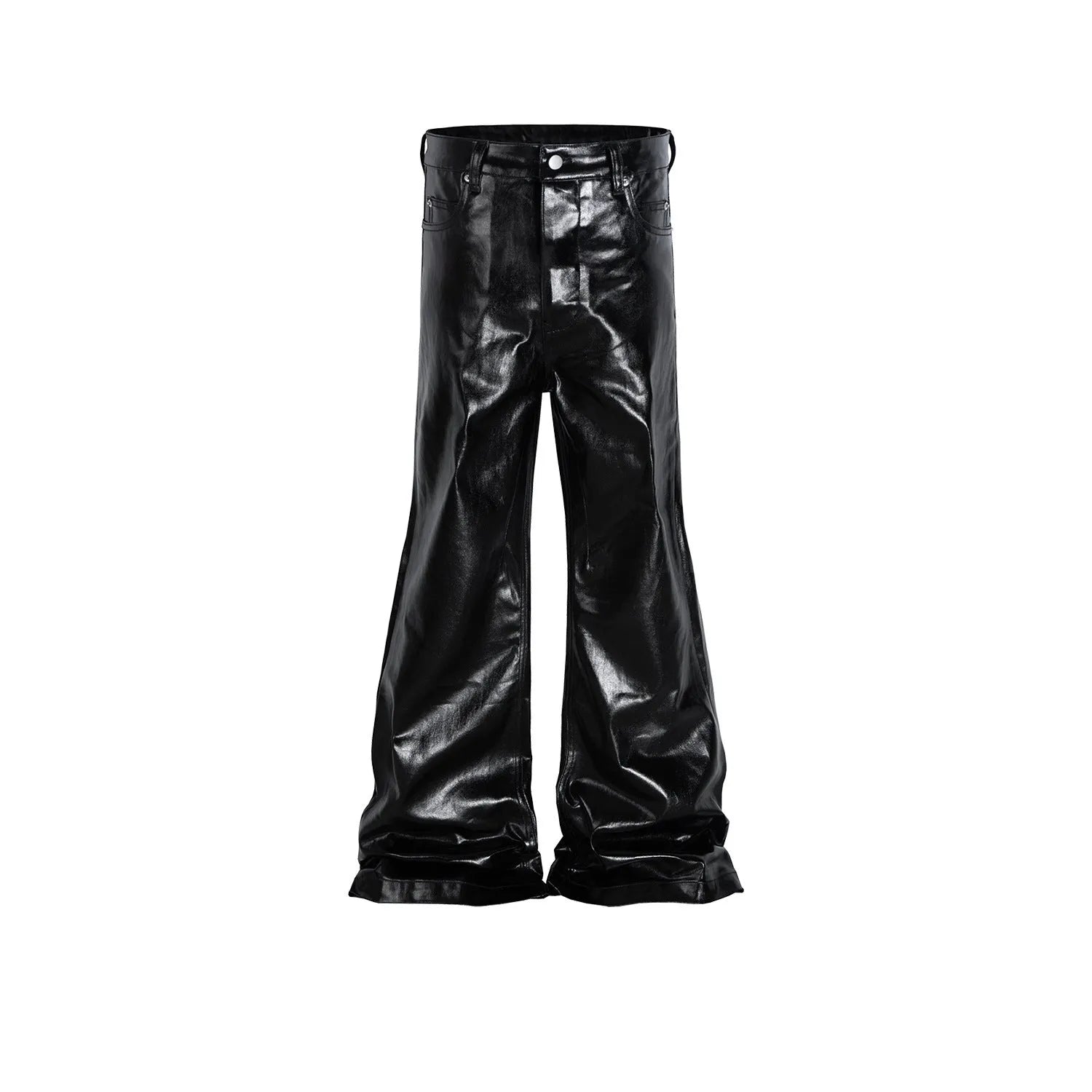A pair of black skinny jeans with a high-shine patent leather finish and straight leg cut.