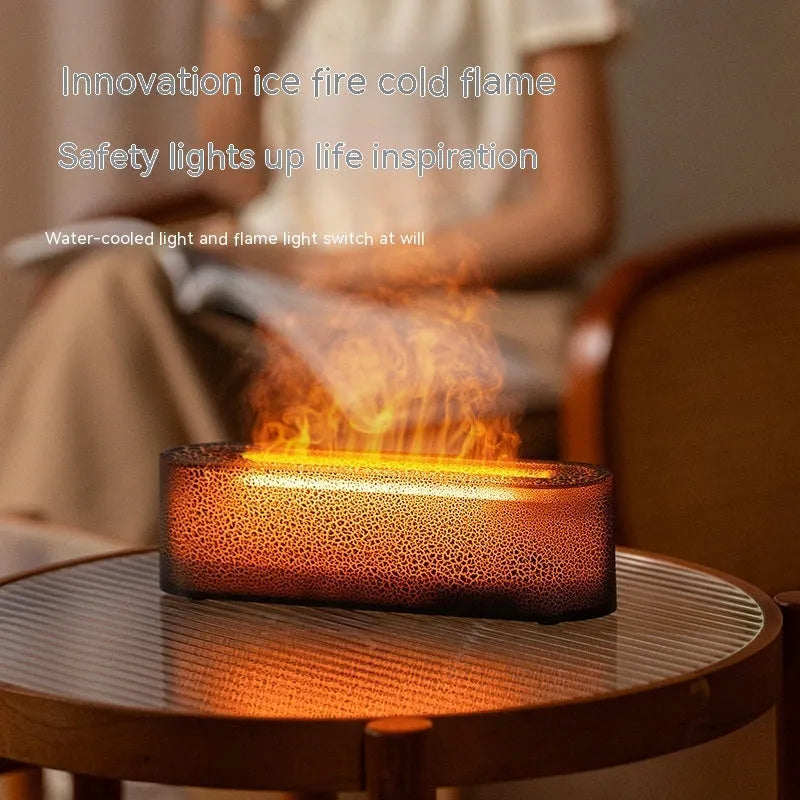 Square black desktop aroma diffuser and humidifier with creative lava flame lighting effect.