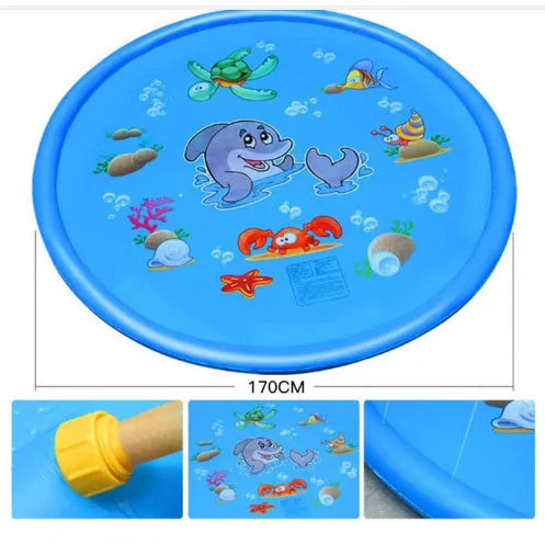 Blue PVC water spray play mat with marine animal graphics for outdoor children's water play