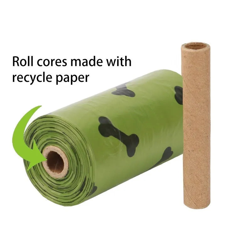 Degradable dog poop bags in military green with black bone print, showing roll format and bag dimensions