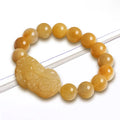 Hand-carved Golden Thread Jade money bracelet with coin design, shown in two bead size options.