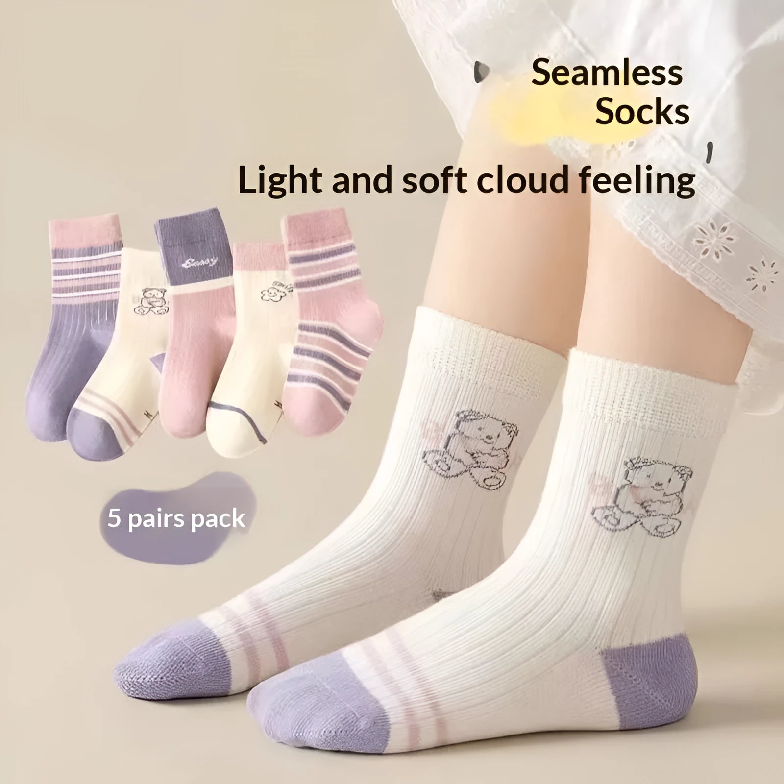 Children's cotton mid-calf socks 5-pair pack, lace detail, with Baby Bear design for girls ages 1-12