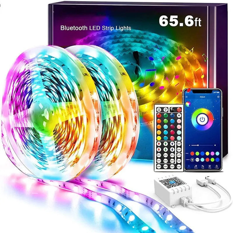 LED 5050 RGB light strip with 44-key Bluetooth remote controller and power adapter on a white background.