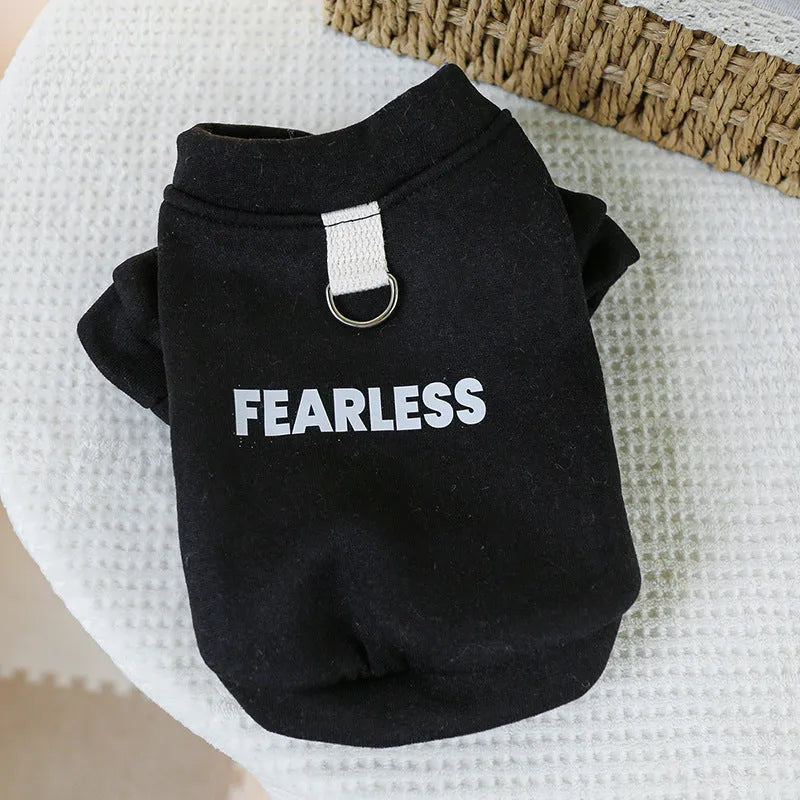 Pet traction sweater in black or red polyester with open buttons, sizes XS to XL