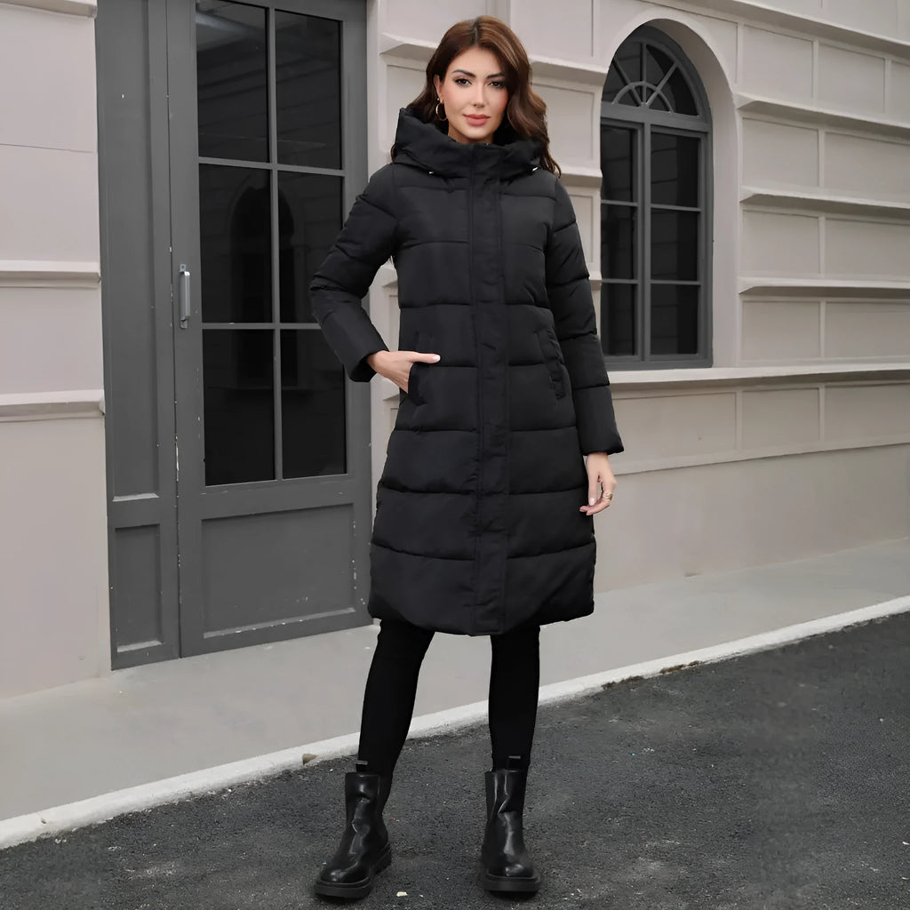 Black slim-fit hooded cold-resistant long jacket with polyester fabric construction