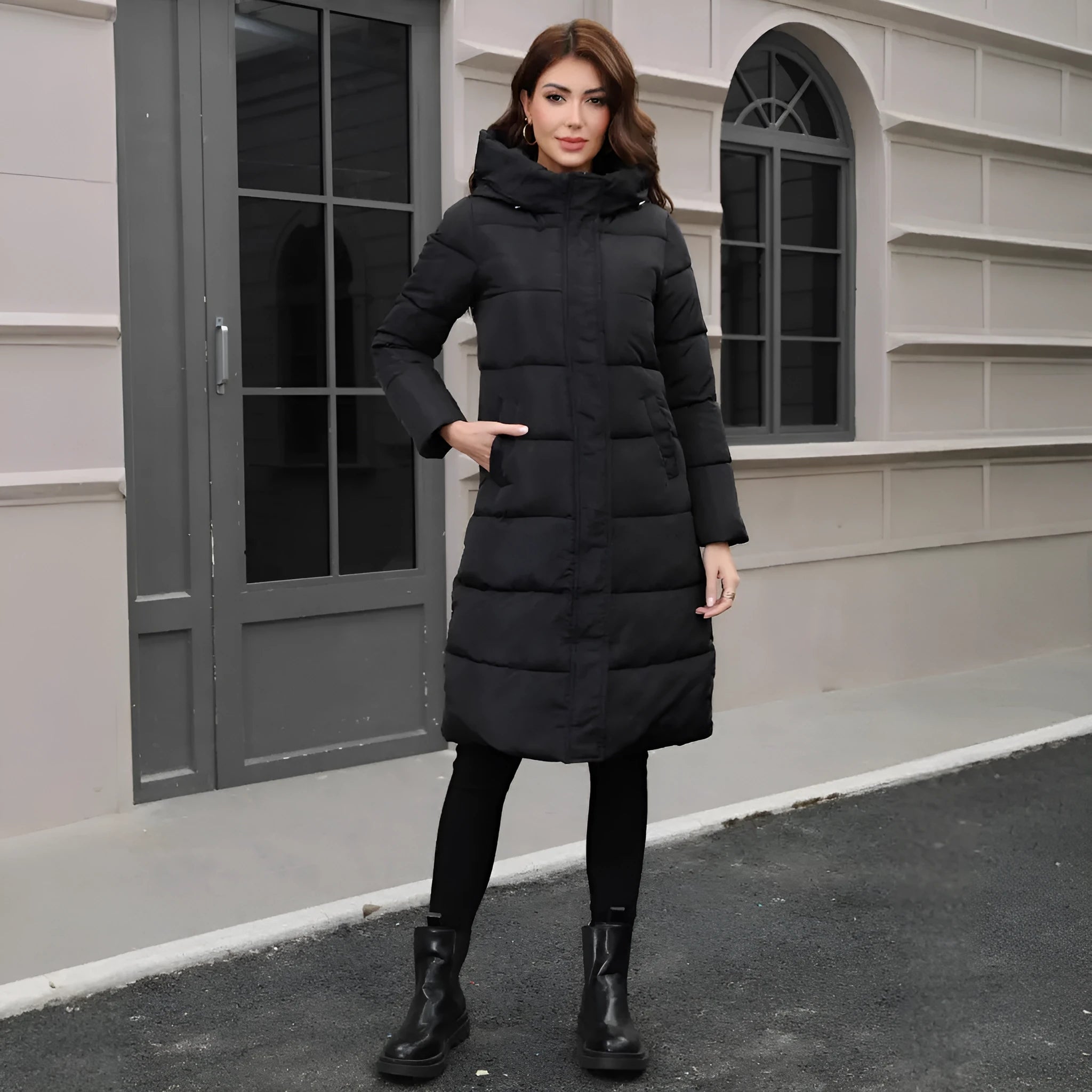 Black slim-fit hooded cold-resistant long jacket with polyester fabric construction