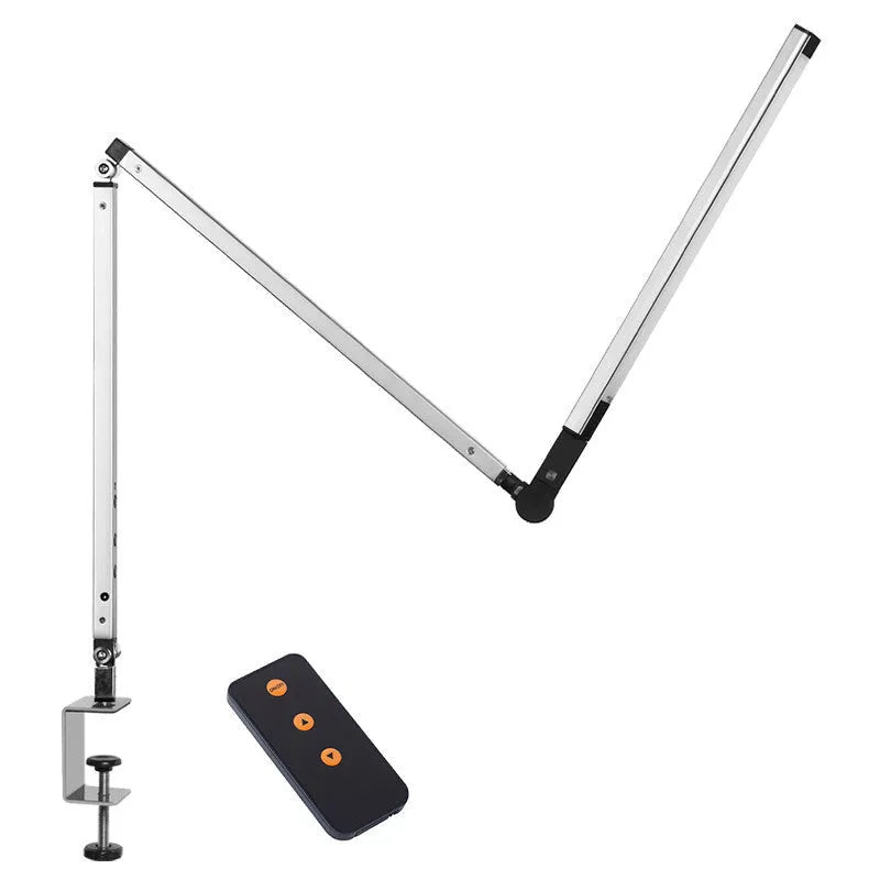 Aluminium clip-on desk lamp with remote control showing white, warm, and mixed LED light settings.