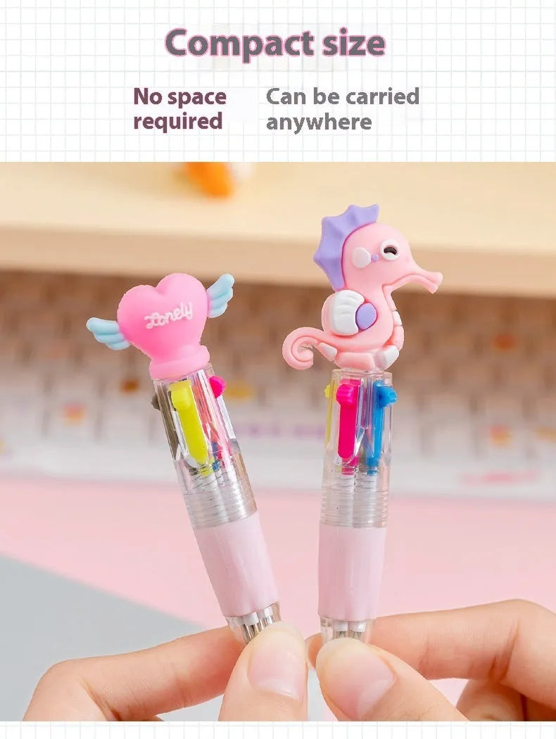 Four-colour press-action ballpoint pen with cartoon-themed refills and 0.7mm bullet tip