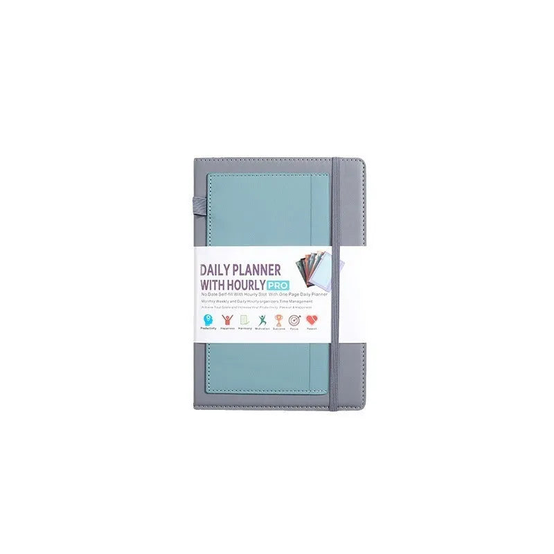 A5 no-date notebook with soft PU cover shown in purple, green, grey, black, pink, and orange, with planning stickers