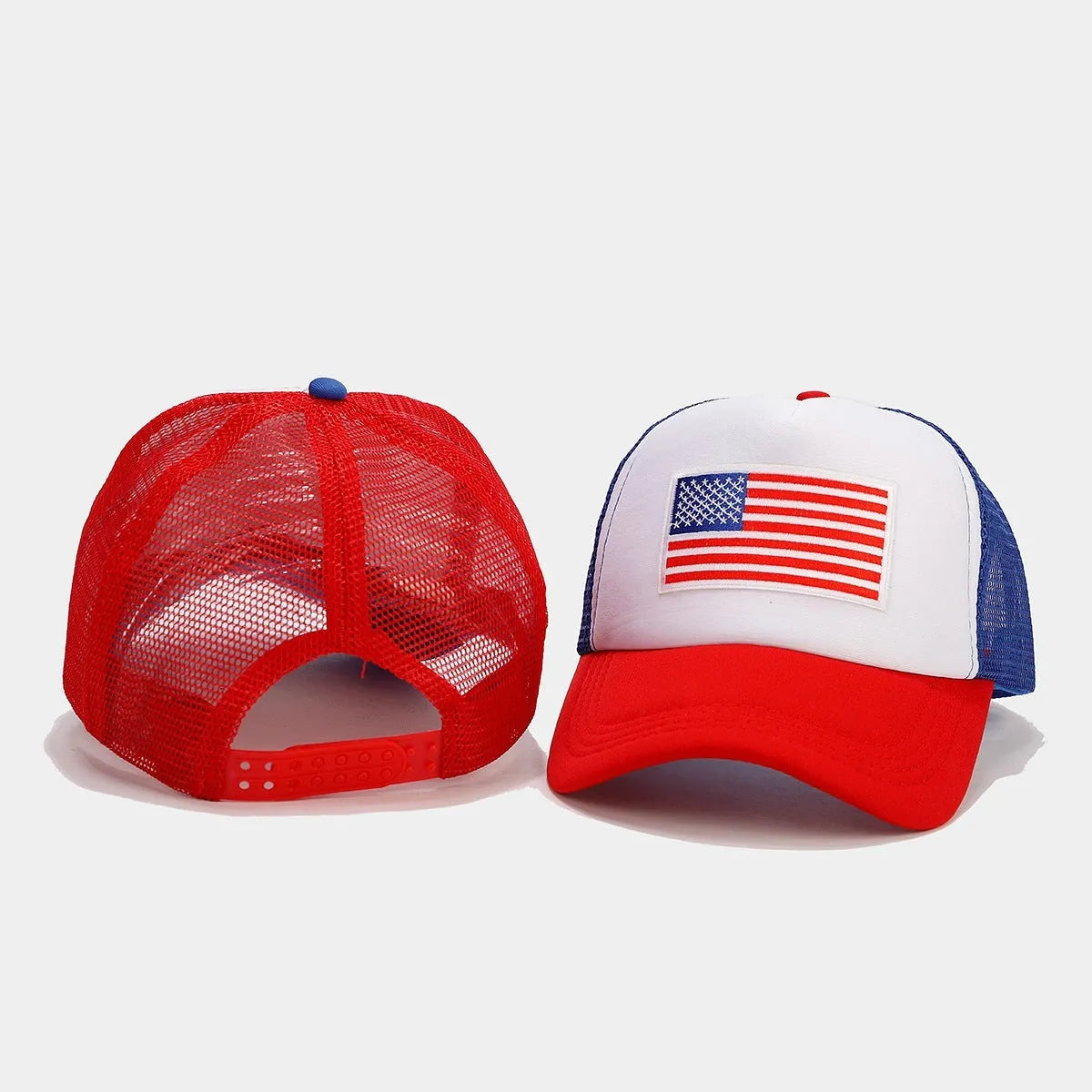 Red and blue two-tone breathable mesh baseball cap with adjustable strap and dome crown.