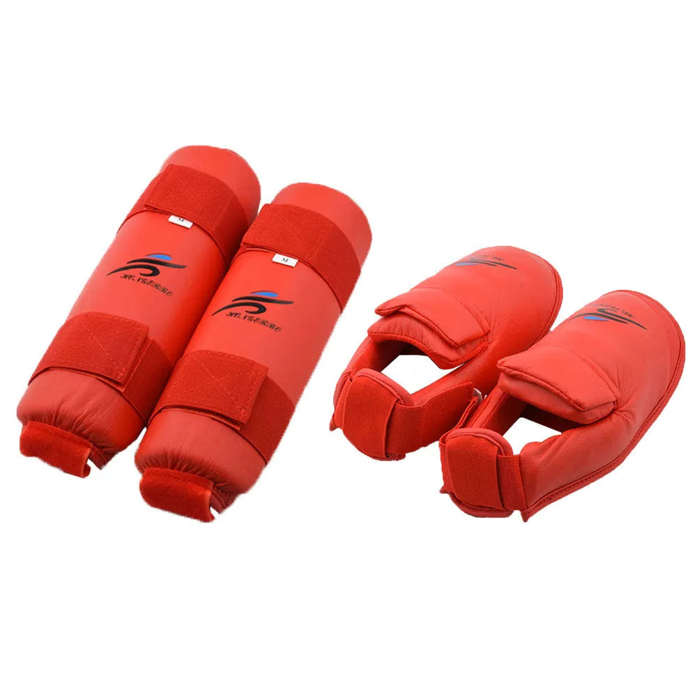 Red and blue karate taekwondo protective gear set showing leg guards, helmet, and boxing gloves