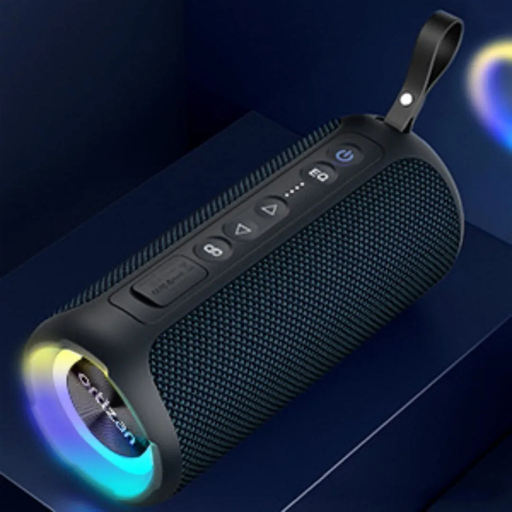 Black and blue fabric wireless Bluetooth speaker with 40W power and waterproof rating