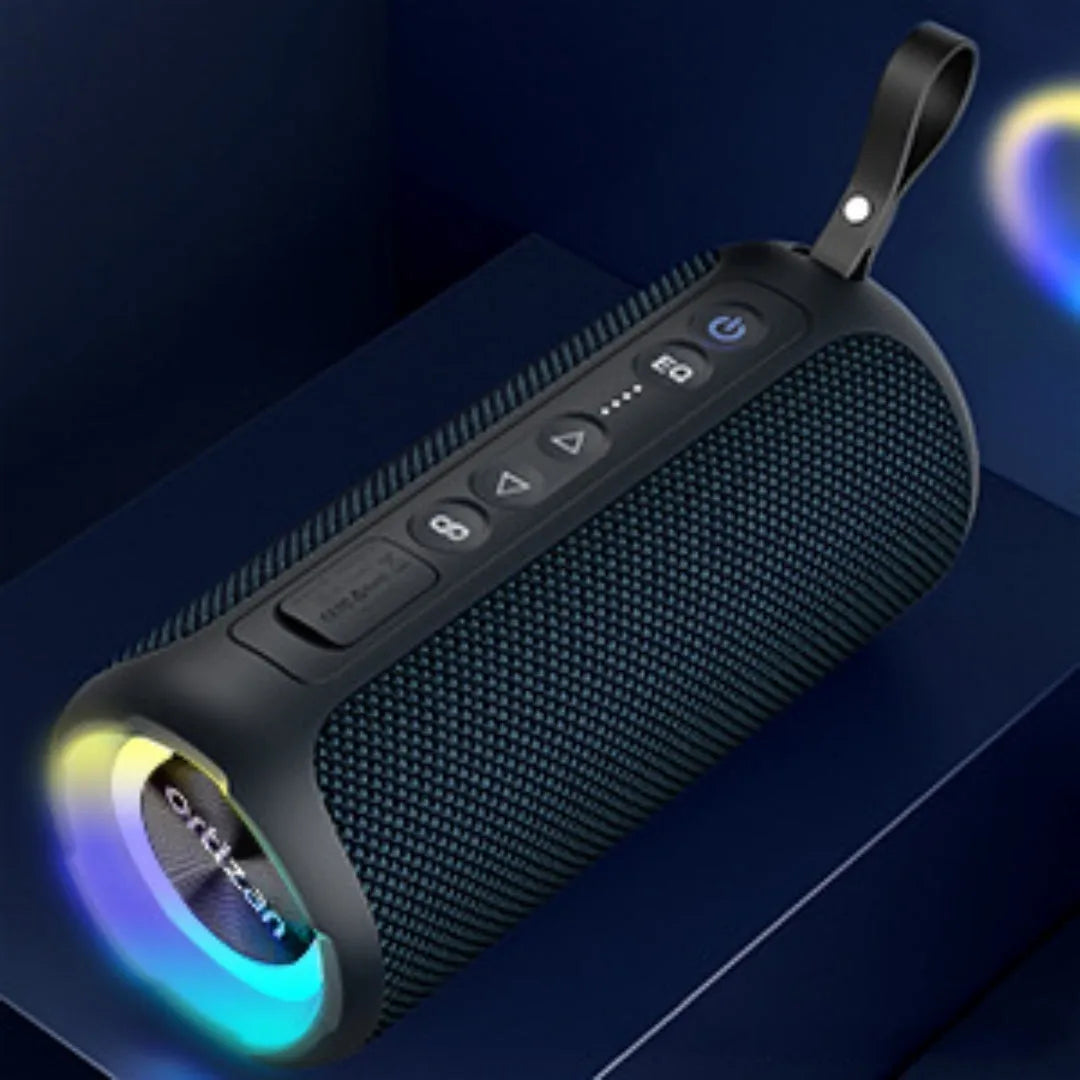 Black and blue fabric wireless Bluetooth speaker with 40W power and waterproof rating
