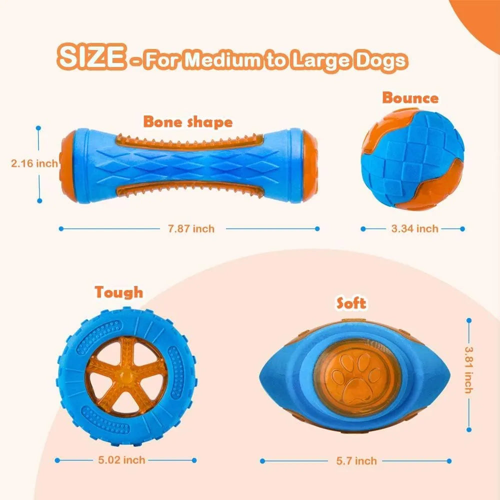 Three TPR floating dog toys: ball, barbell and tyres with bumpy texture for water fetch games