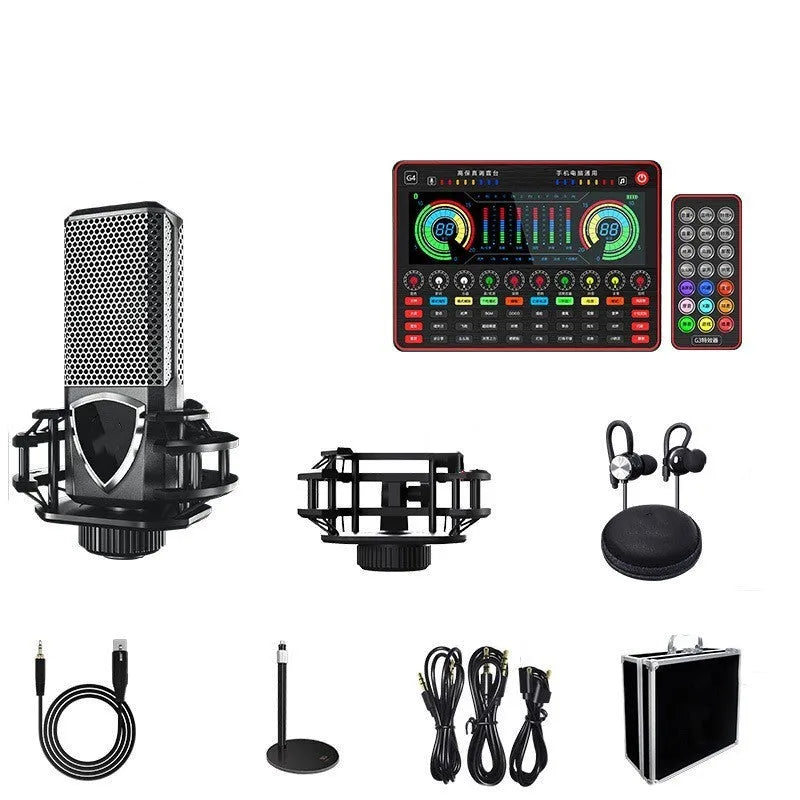 G4 professional live sound card mixer with LCD screen, control knobs, and included microphone on a desk