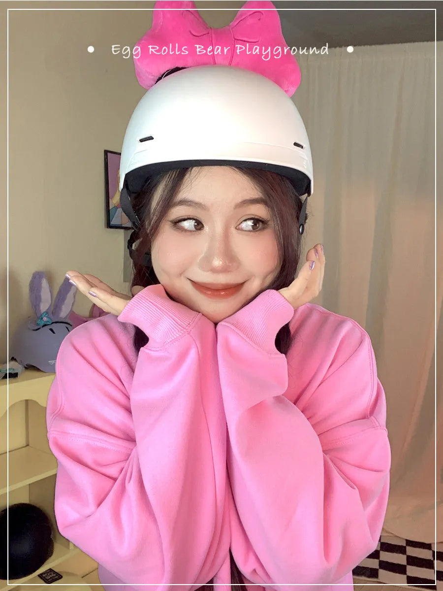 Plush bow helmet decoration with hairpin clip in red, pink, or peach pink for motorcycle and ski helmets.